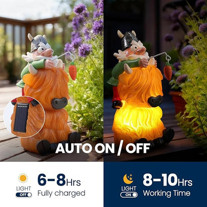 Garden Gnome Statue Highland Cow Gift,Yard Patio Balcony Outdoor Decor Solar Light Figurine, Christmas, Housewarming Gift,Idea Gift for Mom, Neighbor,Gnome Lover