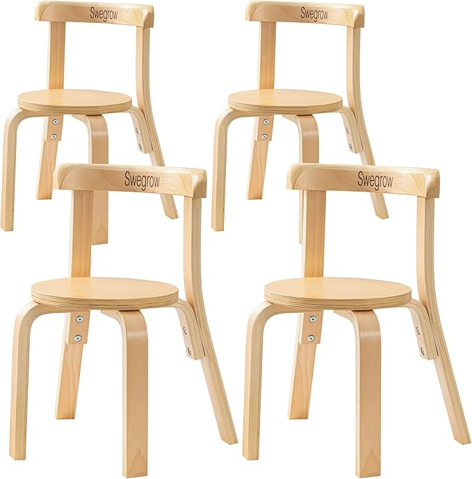 Swegrow Wooden Kids Chair, Toddler Chair for Table, Kids Stackable Chairs, Kid Wooden Furniture for Family/Playroom/Classroom（Set of 4-Natural Wood）
