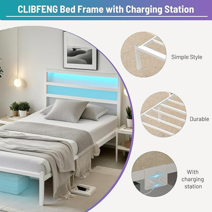 Twin Bed Frame with Headboard,Heavy Duty Steel Slats Support-LED Bed Frame with USB Charging Station,Mattress Foundation-Under Bed Storage,No Box Spring Needed,Noise Free,White