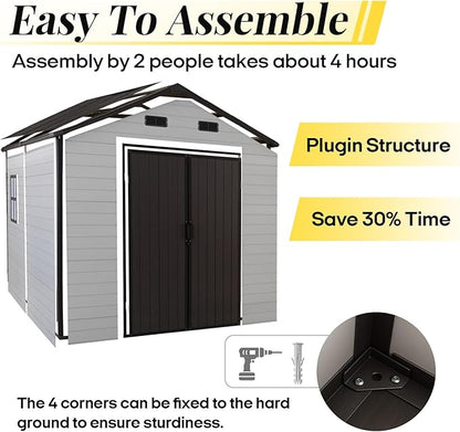 8x8 FT Resin Storage Sheds Outdoor with Floor Included, Plastic Sheds & Outdoor Storage Clearance with 2 Windows and Lockable Door, Backyard Storage Sheds for Garden Tools, Bike, Brown+White