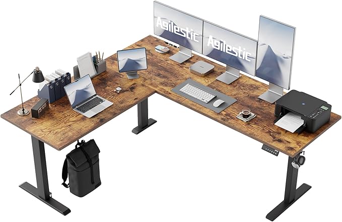 Agilestic 75 Inch L Shaped Standing Desk Adjustable Height, Corner Standing Desk, Sit Stand Up Computer Table, Splice Board, Rustic Brown