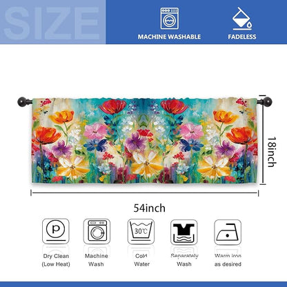 Colorful Flower Kitchen Curtain Valance 54W x 18L Inch Oil Painting Retro Vintage Wildflower Art Rod Pocket Short Cafe Small Window Treatment Drapes Decor