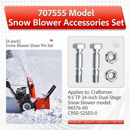 6 Pack 707555 Snow Blower Kit Shear Pin Compatible with Craftsman 9.5 TP 24" Dual Stage Snowthrower 96576-00 - C950-52503-0