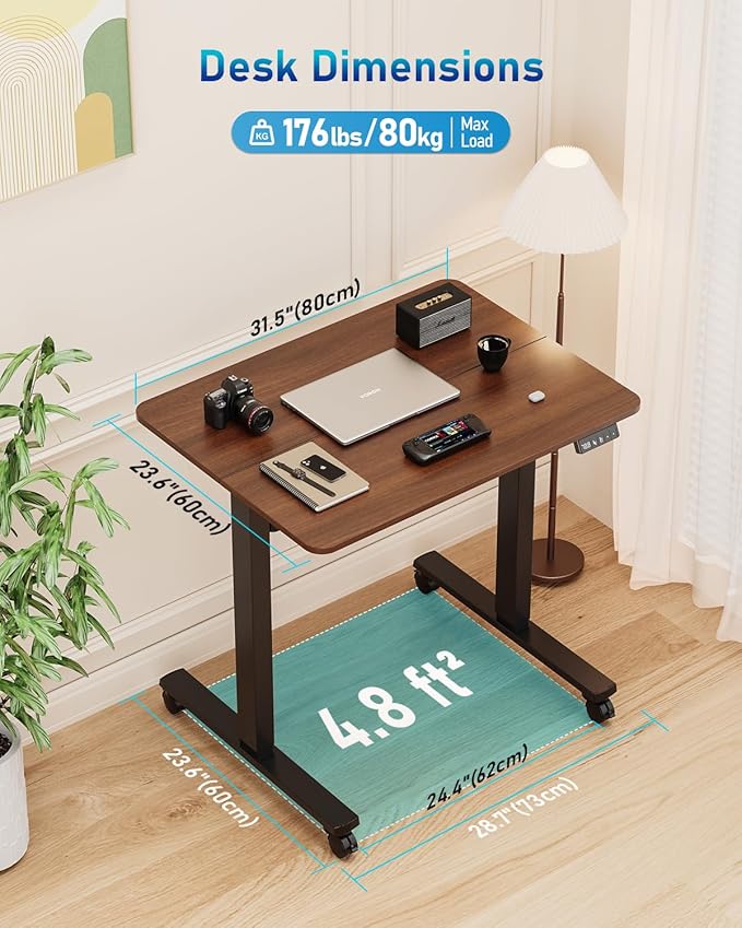 Small Height Adjustable Electric Standing Desk, 31.5" x 23.6" Sit Stand up Desk with Splice Board, Ergonomic Rising Computer Home Office Desk Table with Memory Preset, Black Frame/Walnut Top