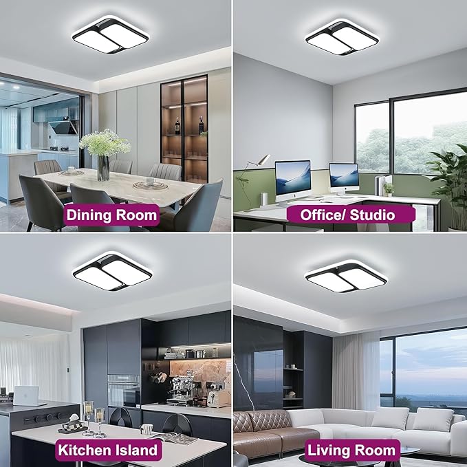 Modern LED Ceiling Light Fixture, 60W 6000K Black Square Flush Mount Ceiling