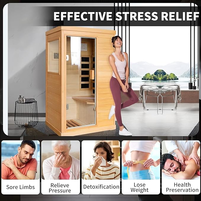 Infrared Sauna Home Sauna Spa Room Canadian Hemlock Wood 800W Indoor Saunas Low EMF 110V with Control Panel and Tempered Glass Door