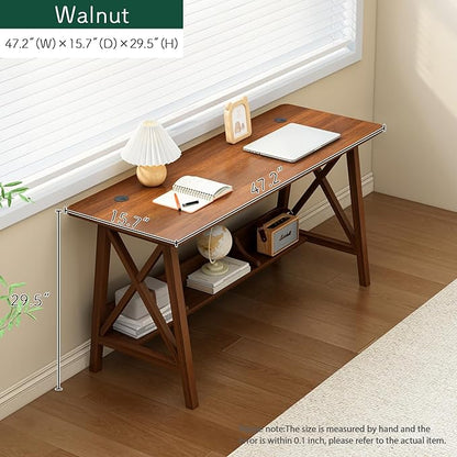 Extra Long Desk with Bookshelf - Wooden Home Office Work Study Table, Writing Computer Workstation with Storage Shelf in Wanut, 47" Wx16 Dx30 H