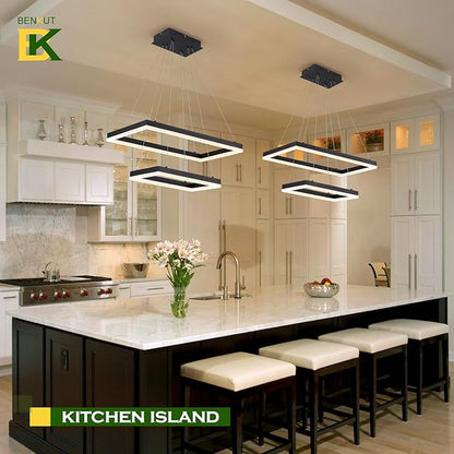 2 Rings Modern LED Chandelier Black 23.6inch Rectangle Dimmable LED Pendant