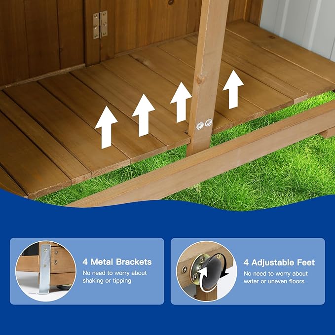 Outdoor Storage Cabinet Wood & Metal with Waterproof Roof, Garden Tool Shed with 3 Removable Shelves, 4 adjustable reinforced feet with metal brackets, 6 T-Hinge, magnetic door,15.6"D x 32.3"W x 66"H