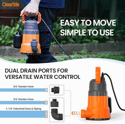 Cleartide Submersible Sump Pump with Tethered Float Switch, 1/2 HP Utility Water Pump, Electric Drain Pump Handles 3/8" Solids, 10 FT Cord