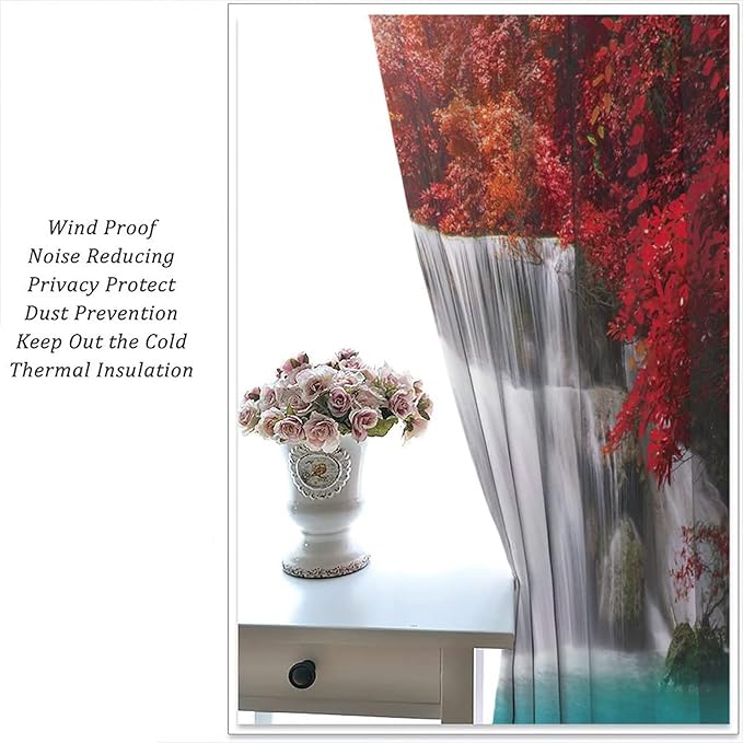 Red Forest Waterfall Blackout Windows Curtains, Tree Landscape Woodland Scenic Nature Fall Scenery Art Printed Curtains, for Living Room Bedroom 63x72in 2 Panels