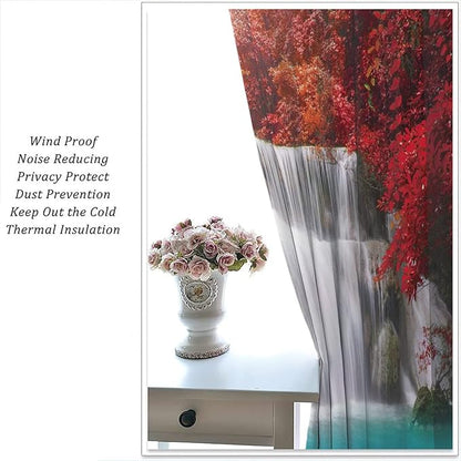 Red Forest Waterfall Blackout Windows Curtains, Tree Landscape Woodland Scenic Nature Fall Scenery Art Printed Curtains, for Living Room Bedroom 63x72in 2 Panels