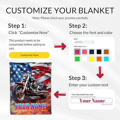 Personalized Throw Blanket Gift for Motorcycle Lovers - 30" x 40" Inches Furry Boys Blankets with Name - Fuzzy Throws for Sofa, Office