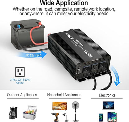 YSOLX 1500W Power Inverter 12V to 110V，Dc to Ac Inverter 3 AC Outlets，1500 Watt Inverter for Hurricanes, Power Outages，RV, Camping