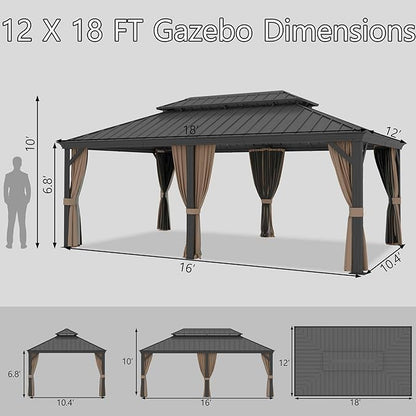 12'x18' Hardtop Gazebo, Outdoor Aluminum Patio Gazebo Double Roof Galvanized Steel Canopy with Netting and Curtains,for Garden, Patio, Backyard, Deck and Lawns.