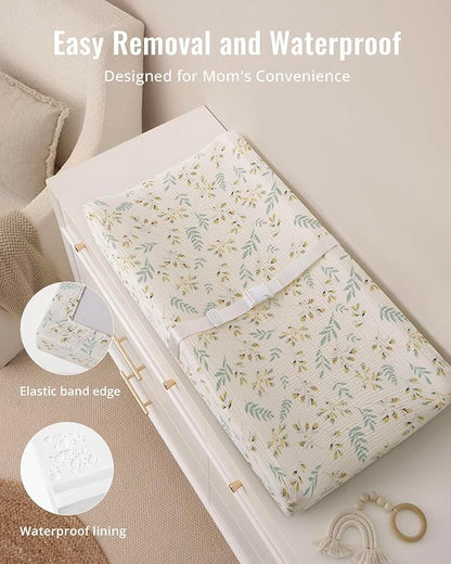 Blissful Diary Muslin Baby Changing Pad with Waterproof Lining Foam, Diaper Changing Table Pad with Cover for Dressers (Botanical Leaf, Rectangular)