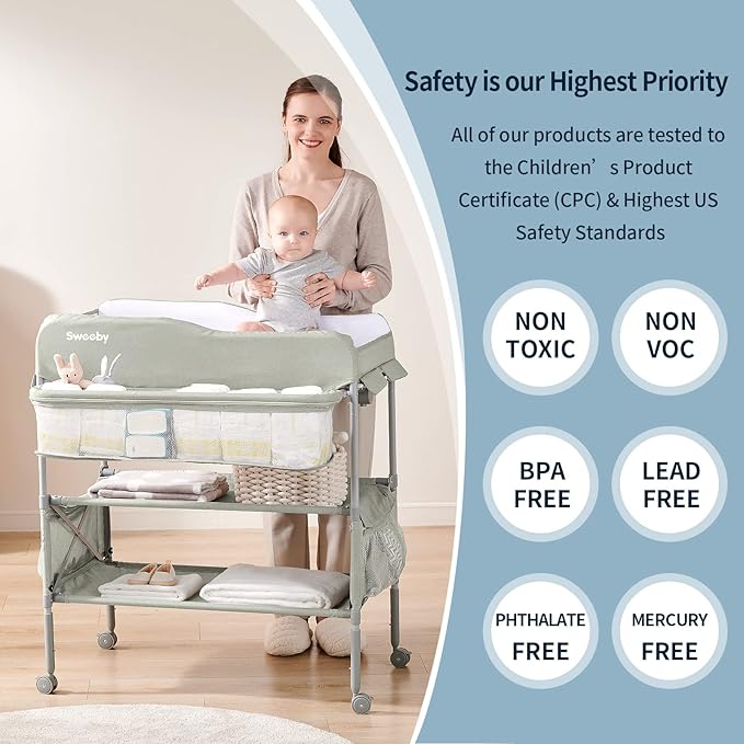 Sweeby Portable Baby Changing Table, Foldable Changing Table Dresser Changing Station for Infant, Waterproof Diaper Changing Table Pad Topper, Mobile Nursery Organizer for Newborn Essentials,Green