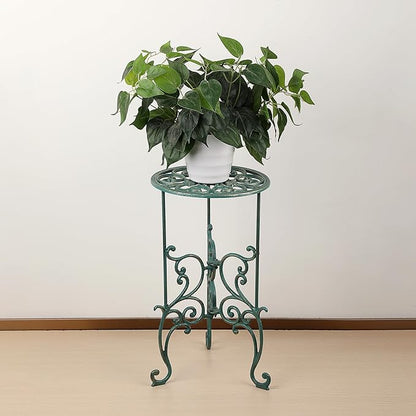 OwnMy Cast Iron Tall Plant Stand Heavy Duty Vintage Wrought Iron Flower Pot Holder, Decorative 1-Tier Potted Plant Holder Rack, Indoor Outdoor Large Metal Plant Stand for Patio Garden, Antique Green