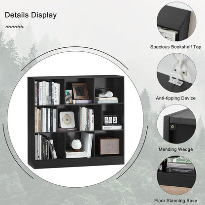YAHARBO Black Wide Bookshelf,3 Tier Modern Horizontal Bookcase,Wood Low Bookshelves Display Storage Cabinet with Base,Floor Standing 10 Cube Large Bookcases Organizer for Bedroom,Living Room,Office