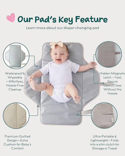 Lily Miles Baby Changing Pad Portable, Diaper Changing Mat with Magnetic Latches, Travel Pad for Diaper Bag, Baby Essentials, Wipeable & Waterproof Mat (Soft Sand, Large)