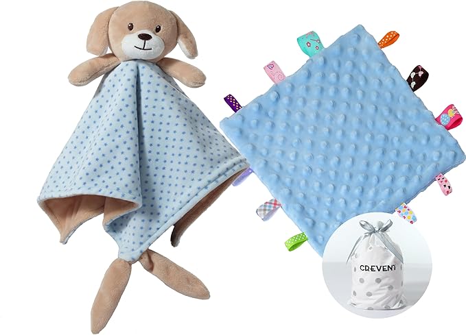 CREVENT Soft Plush Animal Face Security Blankets for Boys and Girls, Great Gifts for Birthday Baby Shower (Blue Dog + Tag)