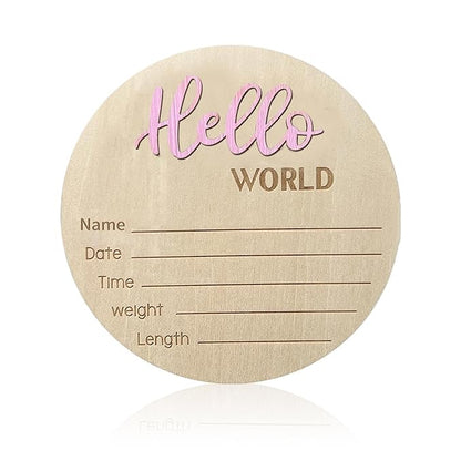 Baby Announcement Sign, 5.9 Inch Wooden Hello World Newborn Signs, Birth Announcement Sign, Baby Shower Hospital Nursery for Newborn Boys and Girls… (Light Pink)