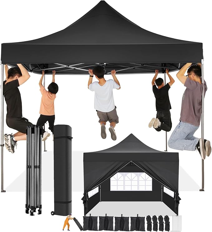 COBIZI 10x10 Pop Up Canopy Tent 10x10 Canopy with 4 Sidewalls Waterproof Heavy Duty Commercial Canopy Tent for Parties Outdoor Tent Garden Gazebo Tent, Carry Bag with Wheel(10x10ft, Black)