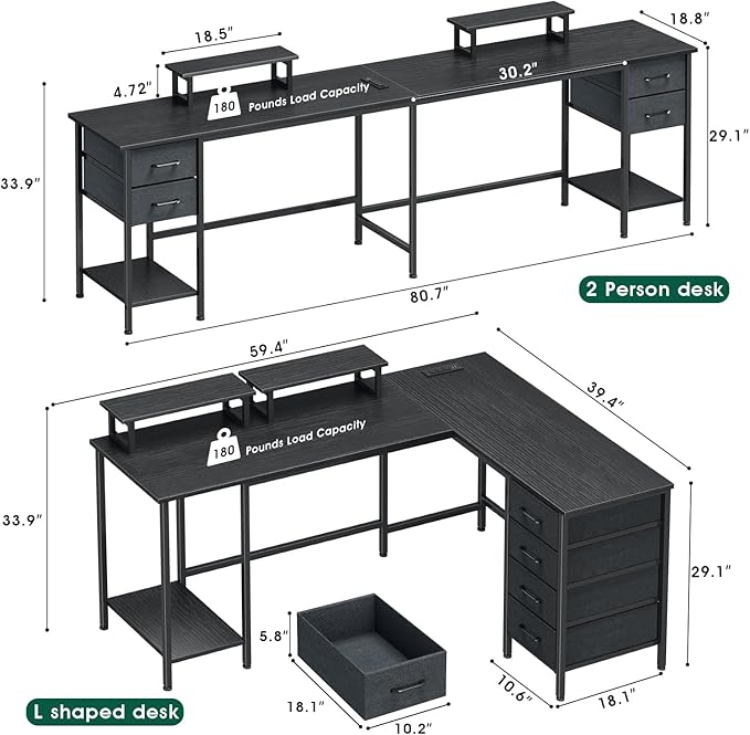 59 inch L Shaped Computer Desk with Power Outlets, Home Office Desk with 4 Adjustable Storage Drawers & 2 Monitor Stands, Two Person Gaming Table for Bedroom, Black