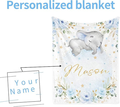 Personalized Elephant Blanket with Name for Boy, Custom Name Blanket for Kids, Soft Flannel Blue Elephant Toddler Blanket Customized Gift for Birthday Christmas Children Day 40x50inch