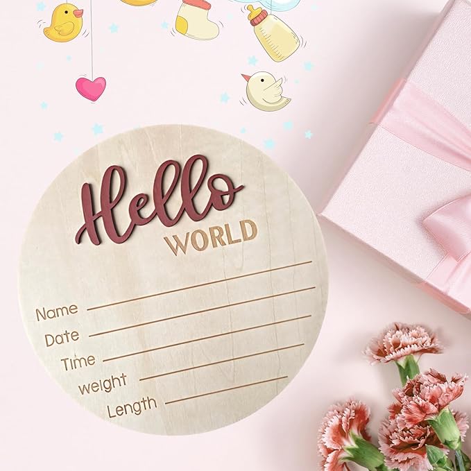 Baby Announcement Sign, 5.9 Inch Wooden Hello World Newborn Signs, Birth Announcement Sign, Baby Shower Hospital Nursery for Newborn Boys and Girls (Tea Red,Pen)