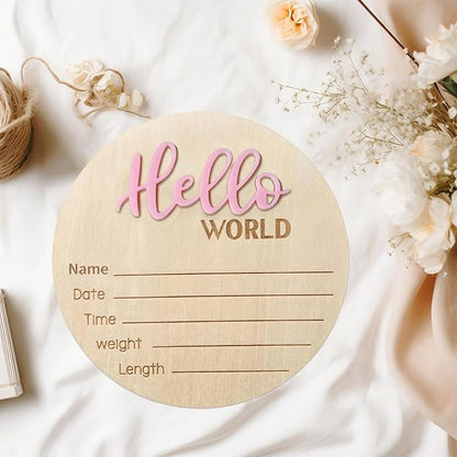 Baby Announcement Sign, 5.9 Inch Wooden Hello World Newborn Signs, Birth Announcement Sign, Baby Shower Hospital Nursery for Newborn Boys and Girls (Pink,Pen)