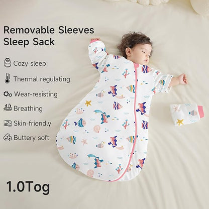 Baby Sleep Sack with Removable Sleeves, Breathable Wearable Blanket for Newborn & Toddler 6-36 Months, Cute Print