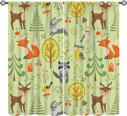 Cute Animals Curtains, Fox Bear Cartoon Wild Animals Blackout Window Treatments, Rod Pocket Thermal Insulated Drapes 2 Panel Sets for Kids Bedroom Nursery Classroom, 42" W X 54" L