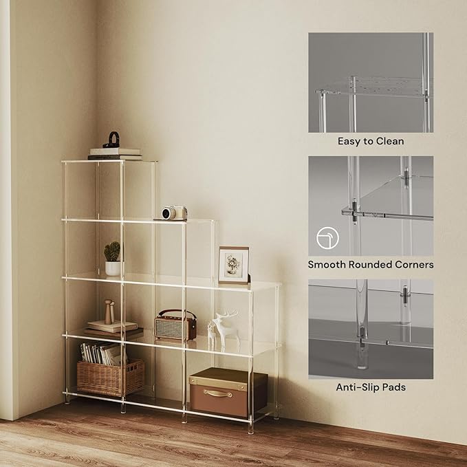 5-Tier Acrylic Bookshelf, 9 Cube Bookcase, Clear Open Stepped Book Shelf for Home Office, Living Room, Bedroom, Easy Assembly, 11.8" D x 40.6" W x 46.1" H