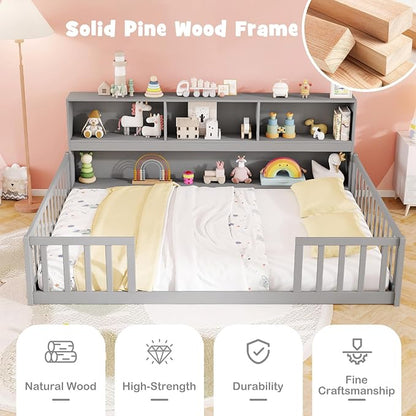 KOMFOTT Full Floor Bed with Bookcase & Shelves, Wood Bed Frame with Bedside Bookshelves & Guardrails, Versatile 2-in-1 Montessori Floor Bed for Kids (Grey)