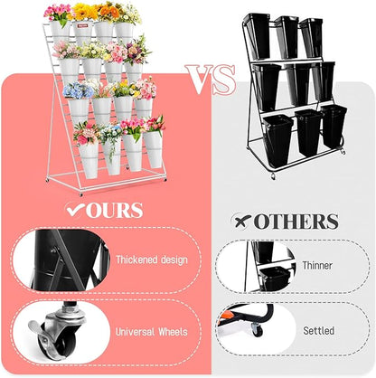 Flower Display Stand with Buckets, 4 Layers 16 PCS Buckets Plant Stand with Wheels, Movable Metal Plant Stand for Terrace Garden, Living Room, Florist Shop (White Frame - White Buckets, 4-Tier)
