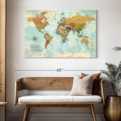 ElephantStock - Personalized Wanderer Push Pin World Map Wall Art - Horizontal Canvas Wall Art - Living Room Wall Decor - Digital Art Map Canvas Art - Orange And Blue Decor - 48" x 32"