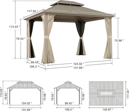 PURPLE LEAF 10' x 12' Outdoor Hardtop Gazebo, Champagne Aluminum Frame with Galvanized Steel Double Roof, Curtains and Netting for Patio Lawn and Garden