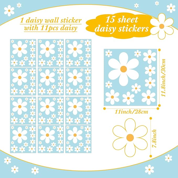 TaoBary 165 Pieces 15 Sheet Large Daisy Wall Decals Flower Stickers Vinyl Peel and Stick Floral Decal Daisy Wall Decor for Nursery Playroom Bedroom Living Room(Fresh)