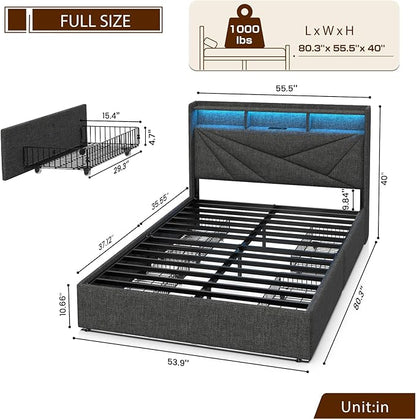 LED Full Size Bed Frame with 4 Storage Drawers, Upholstered Full Bed Frame with 2-Tier Headboard and Charging Station, No Box Spring Needed, Easy to Assembly - Dark Grey