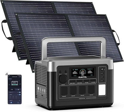 OUKITEL P1000 Plus 1800W/1024Wh Power Station with 2x100W Solar Panel, 1200W Fast Charging, Solar Generator with 4 AC Outlets (3600W Peak), APP Control Battery Backup for Home, Camping & RVs