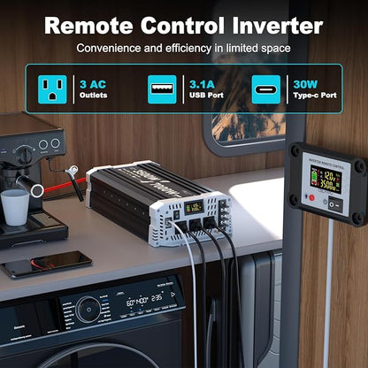 3500 watt Pure sine Wave Inverter, 12V DC to 110V AC Power Inverter, Used for Solar Emergency Power Supply in RV Homes, with 3 AC Output sockets, USB Port, Type-C Port, Remote Control with LCD Screen