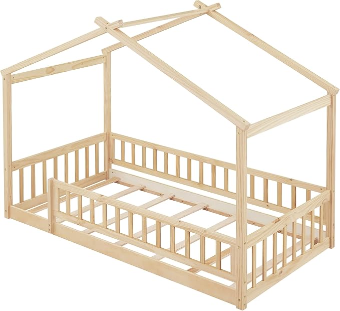 Merax Twin Size Wooden House Bed with Fence, Wood Bed Frame with Roof and Safety Guardrail for Kids, Teens, Boys or Girls, Natural