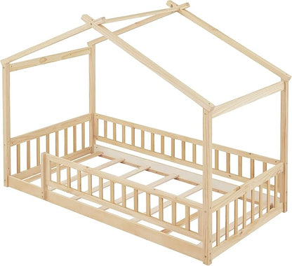 Merax Twin Size Wooden House Bed with Fence, Wood Bed Frame with Roof and Safety Guardrail for Kids, Teens, Boys or Girls, Natural