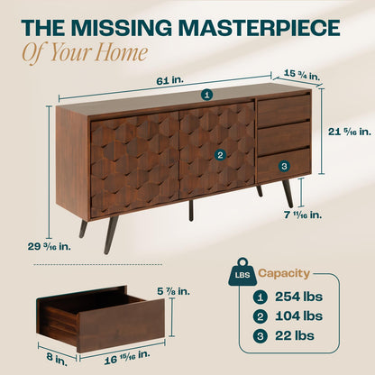 Sideboard Georgina Solid Wood 2 Doors & 3 Drawers