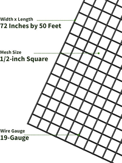 Black Hardware Cloth 1/2 inch Mesh 72'' x 50' 19-Gauge, Chicken Wire Mesh, Welded Wire Fencing, Chicken Wire Fencing, Rodent Wire, Garden Fence, Tree Guard, Wire Mesh Fencing