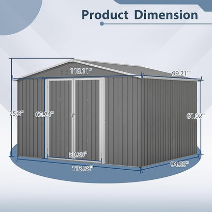 10X8 FT Outdoor Storage Shed, All Weather Metal Sheds withLockable Doors, Tool Shed for Garden, Patio, Backyard, Lawn, Grey