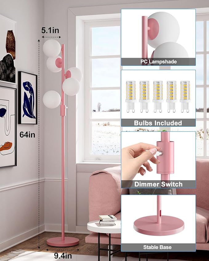 Lightdot Dimmable Globe Floor Lamp, Retro Pink Pole Standing Lamps