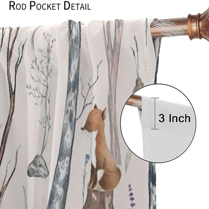 Rustic Forest Window Curtains Curtains, Woodland Animal Bear Deer Hedgehog Fox Squirrel Watercolor Blackout Rod Pocket Treatments Drapes for Boys Girls Bedroom 42x45in
