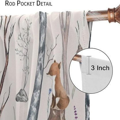 Rustic Forest Window Curtains Curtains, Woodland Animal Bear Deer Hedgehog Fox Squirrel Watercolor Blackout Rod Pocket Treatments Drapes for Boys Girls Bedroom 42x45in
